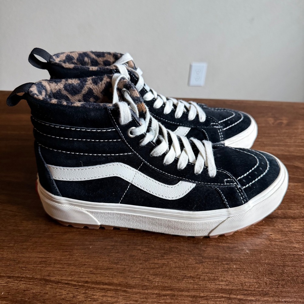 Vans Sk8-Hi MTE Black Leopard Print Faux Fur High Top Sneakers Womens 7 Mens 5.5